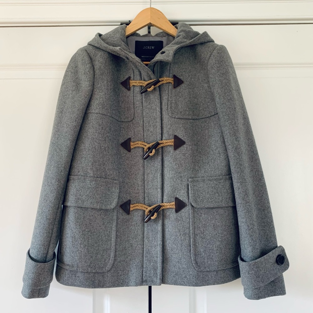 J. Crew Melton Wool Duffle Toggle Coat Italian Hooded Stadium Cloth Gray Size 4